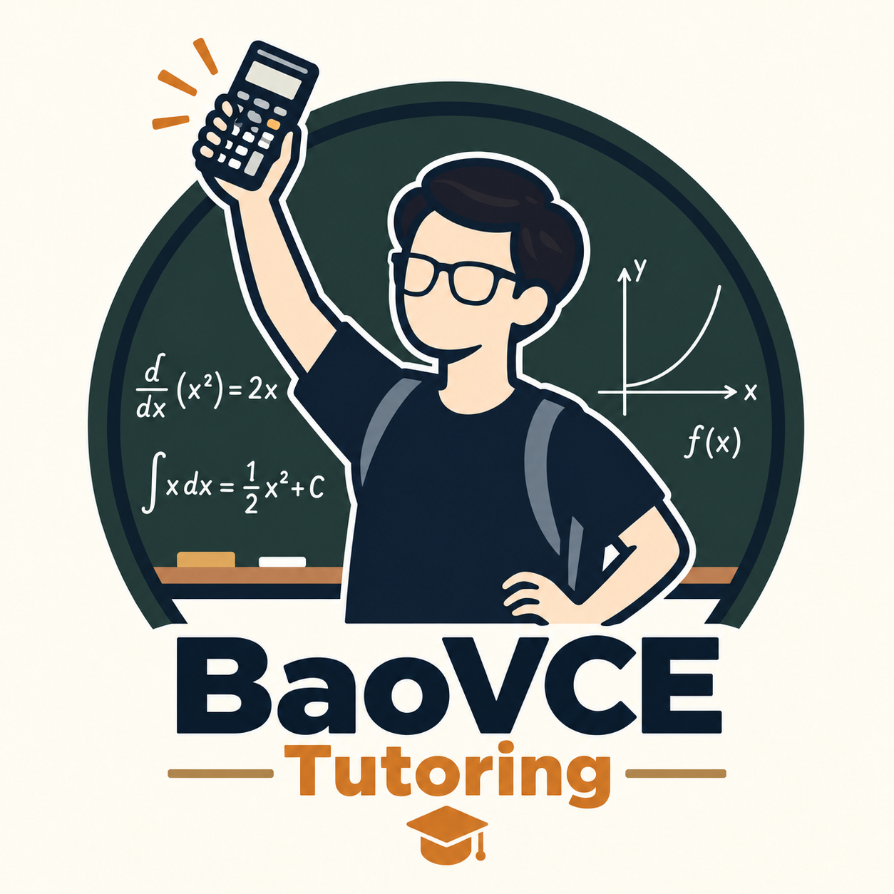 BaoVCE Tutoring — a student holding a calculator in front of a maths board